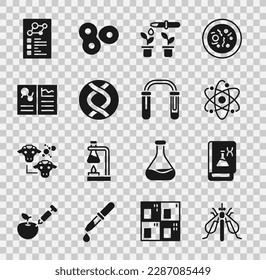 Set Experimental insect, Genetic engineering book, Atom, Pipette and plant, DNA symbol, Clinical record,  and Test tube flask icon. Vector