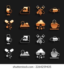 Set Experimental mouse, Puffer fish, Coffee cup with skull, Acid rain, Poisoned pill, Bottle potion, alcohol and Wastewater icon. Vector
