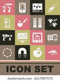 Set Experimental mouse, Spectrometer, Cloning, Chemical formula, Genetically modified apple, Test tube flask fire, Pipette and plant and Medical rubber gloves icon. Vector