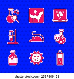 Set Experimental mouse, Virus, Battery, Test tube with toxic liquid, Medicine bottle and pills, flask on stand, Chemical formula and  icon. Vector