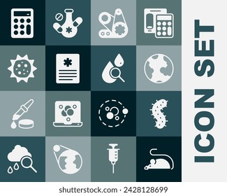 Set Experimental mouse, Virus, Earth globe, Timing belt kit, Patient record, Calculator and Drop and magnifying glass icon. Vector