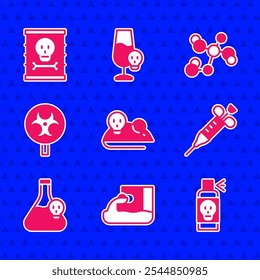 Definir mouse experimental, águas residuais, pulverizar contra insetos, seringa, bico com líquido tóxico, símbolo de risco biológico, fórmula química e ícone de barril de resíduos radioativos. Vetor