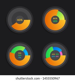Set of exploded donut chart infographics elements with 1,2,3,4 steps, process, parts, or options. dark view. vector illustration template design for business. 