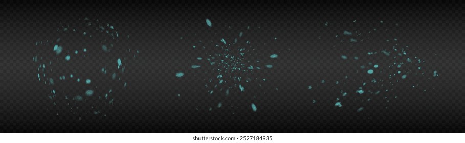 Set of exploded particles in chaotic scatter. Explosion of small particles. Vector on transparent background