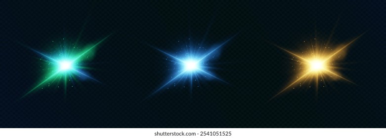 Conjunto de estrelas e luz explodindo. Efeito de luz mágica. Ilustração vetorial