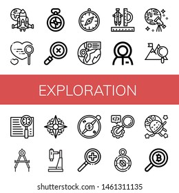 Set of exploration icons such as Spaceship, Search, Compass, Find, Astronaut, Discovery, Mountain, Research , exploration