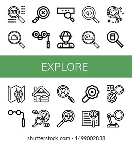 Set of explore icons such as Search, Binoculars, Explorer, Discovery, Cabin, Magnifying glass , explore