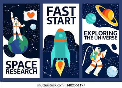 Set of exploring space banners .Spaceman in outer space with stars, moon, rocket, asteroids, constellation on background. Astronaut out of spaceship exploring universe and galaxy.