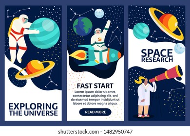 Set of exploring space banners. Spaceman in outer space with stars, moon, rocket, asteroids, constellation on background. Astronaut out of spaceship exploring universe and galaxy.