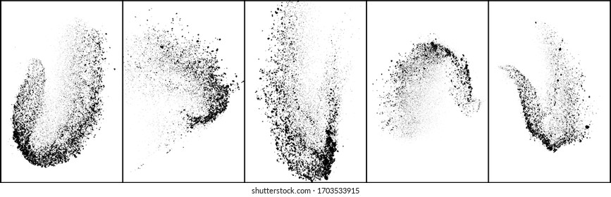 Set of explosion black grainy texture isolated on white background. Dust overlay textured. Dark noise particles. Grunge design elements. Vector illustration, Eps 10.