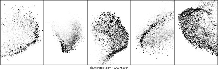 Set of explosion black grainy texture isolated on white background. Dust overlay textured. Dark noise particles. Grunge design elements. Vector illustration, Eps 10.