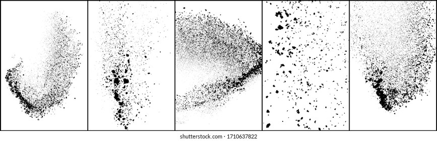 Satz von Explosion schwarz-graue Textur einzeln auf weißem Hintergrund. Staubüberlagerungen strukturiert. Dunkle Rauschpartikel. Grunge Designelemente. Vektorillustration, Eps10.