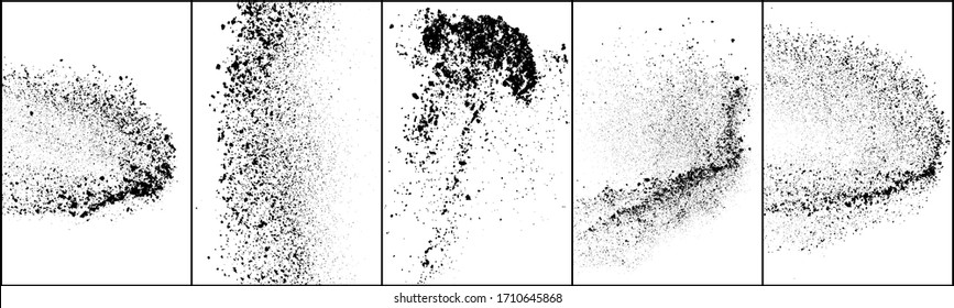 Conjunto de textura granulada negra de explosión aislada sobre fondo blanco. Sobrecarga de polvo texturado. Partículas de ruido oscuras. Elementos de diseño gruesos. Ilustración vectorial, Eps 10.
