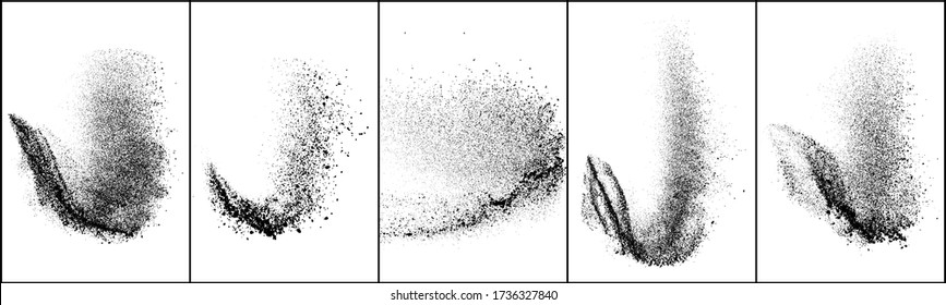 Set of explosion black grainy texture isolated on white background. Dust overlay textured. Dark noise particles. Grunge design elements. Vector illustration, Eps 10.