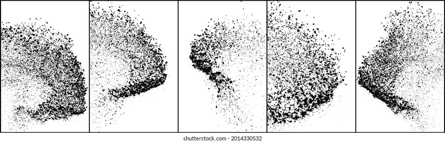 Set of explosion black grainy texture isolated on white background. Dust overlay textured. Dark noise particles. Grunge design elements. Vector illustration, Eps 10.