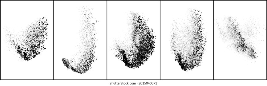 Set of explosion black grainy texture isolated on white background. Dust overlay textured. Dark noise particles. Grunge design elements. Vector illustration, Eps 10.