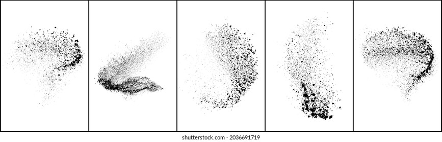 Set of explosion black grainy texture isolated on white background. Dust overlay textured. Dark noise particles. Grunge design elements. Vector illustration, Eps 10.