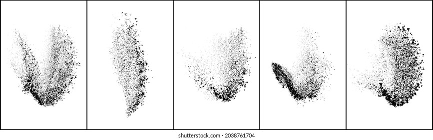 Set of explosion black grainy texture isolated on white background. Dust overlay textured. Dark noise particles. Grunge design elements. Vector illustration, Eps 10.