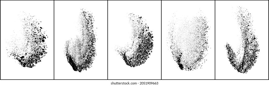 Set of explosion black grainy texture isolated on white background. Dust overlay textured. Dark noise particles. Grunge design elements. Vector illustration, Eps 10.