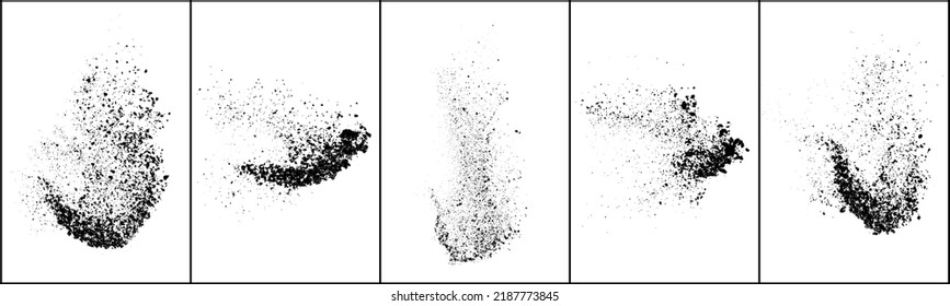Set of explosion black grainy texture isolated on white background. Dust overlay textured. Dark noise particles. Grunge design elements. Vector illustration, Eps 10.