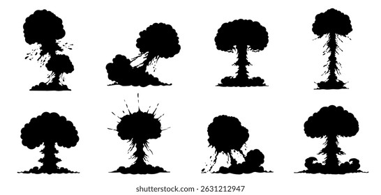 Conjunto de siluetas negras de explosión aisladas sobre fondo transparente. Detonaciones nucleares, erupciones ardientes, efectos de ondas de choque. Guerra, gráficos de catástrofe. Vector de explosiones atómicas, explosiones de fuego