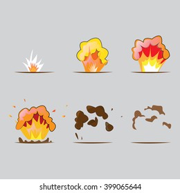 Set Of Explosion Effect In Cartoon Style. After Bomb Explosion. Illustration In Vector. Animation Frames For Game.