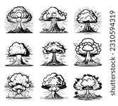 Set of explosion effect vectors. Smoke explosion, nuclear explosion, bomb explosion, and smoke plume isolated on a white background
