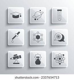 Set Explosion in the flask, Atom, Molecule, Telescope, Pipette, Graduation cap and Test tube icon. Vector