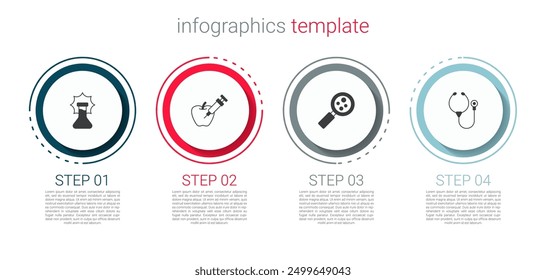 Set Explosion in the flask, Genetically modified apple, Microorganisms under magnifier and Stethoscope. Business infographic template. Vector