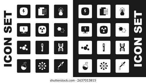 Set Explosion in the flask, Radioactive, Lightning bolt, Chemical formula, Calculator, DNA symbol and Molecule icon. Vector