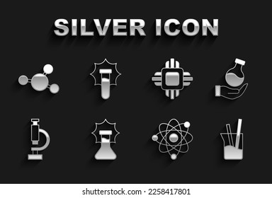 Set Explosion in the flask, Test tube, Laboratory glassware, Atom, Microscope, Processor CPU, Molecule and  icon. Vector