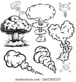 Conjunto de ilustración de explosión y nube de humo, Ilustraciones vectoriales de humo de efecto que muestran formaciones de nubes dinámicas y diversas de una explosión, incluidas nubes de setas, columnas y ráfagas