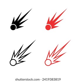 Set of explosion, spark or comet icons. Fire from a rocket engine or a meteorite falling. A trail of fire in the sky. Explosion of a shell or bomb.