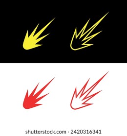 Set of explosion, spark or comet icons. Fire from a rocket engine or a meteorite falling. A trail of fire in the sky. Explosion of a shell or bomb.