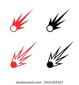 Set of explosion, spark or comet icons. Fire from a rocket engine or a meteorite falling. A trail of fire in the sky. Explosion of a shell or bomb.