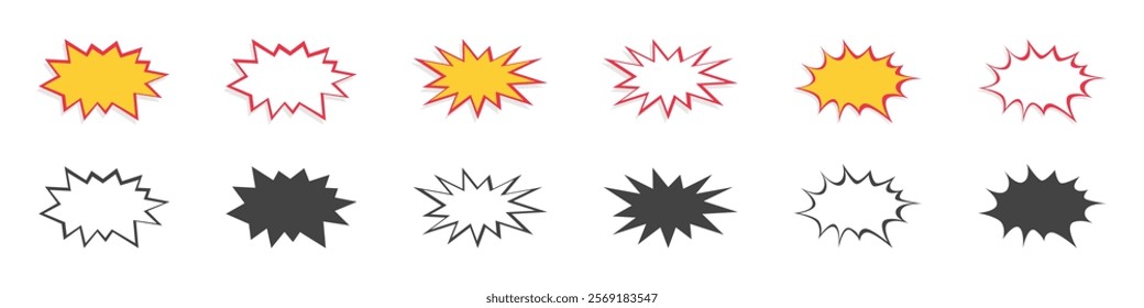 Set of explosion stars. Comic burst, bursting star, starburst speech bubbles. Star sticker, burst speech balloon. Comic book, vector boom or explosion. Communication concept. Vector. EPS10.