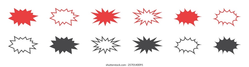 Set of explosion stars. Comic burst, bursting star, starburst speech bubbles. Star sticker, burst speech balloon. Comic book, vector boom or explosion. Communication concept. Vector. EPS10.