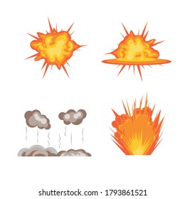 Serie de explosiones. Colección del efecto de explosión de dibujos animados con humo, llama y partículas.