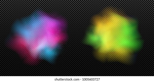 Set of explosions of colors is isolated on a transparent background. Pink blue and yellow green colors. Multicolor splatter. Happy Holi. Holiday of colors. Colorful dust. Vector illustration