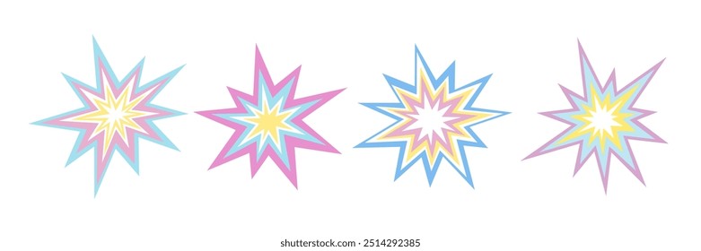 Set of explosions icons with fire, pastel colors. Pink, blue, yellow. Sticker, price tag, tag, birthday, holiday, sweet, girly, kids. Flat simple vector illustration with space for text