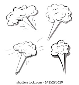 Set of explosions isolated on white background. Monochrome vector illustration of exploded bombs. Comic cartoon smoke effects from dynamite explosion
