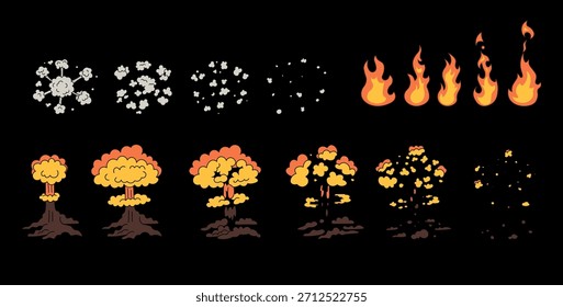 Conjunto de explosiones y humo. Animación de hongos de explosión. Icono de Vector de bomba de explosión nuclear. Explosión con la nube de fuego aisló los iconos, animación del juego. Bola de fuego nuclear de hongos.