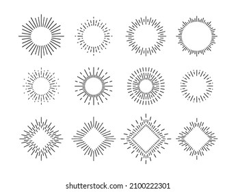 set of explosive black sunrise doodle rays, sunburst, isolated fireworks for logo, emblem, tag, stamp, banner, vintage hand draw elements