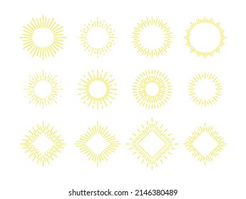 set of explosive gold sunrise doodle rays, sunburst, isolated fireworks for logo, emblem, tag, stamp, banner, vintage hand draw elements