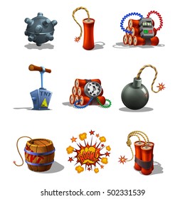 Set Of Explosive Icons And Detonating Fuse Isolated On White Background. Vector Illustration.