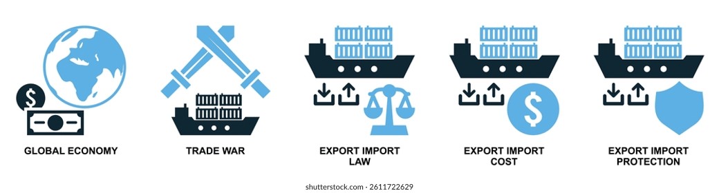 Set of export import icon vector for global trade, market flow, and business tools. Perfect for commerce design, economic operations, and financial illustration.