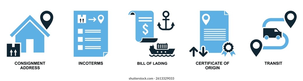 Set of export import icon vector for global trade, market flow, and business tools. Perfect for commerce design, economic operations, and financial illustration.