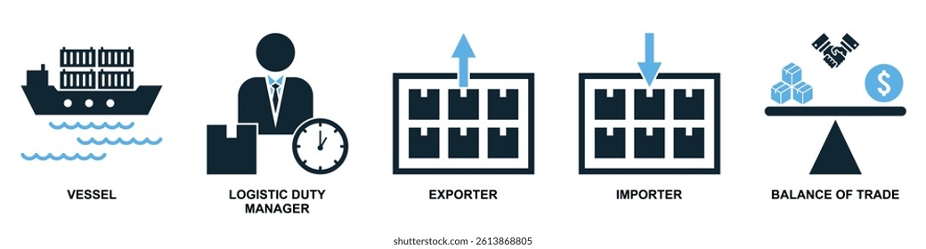 Set of export import icon vector for global trade, market flow, and business tools. Perfect for commerce design, economic operations, and financial illustration.