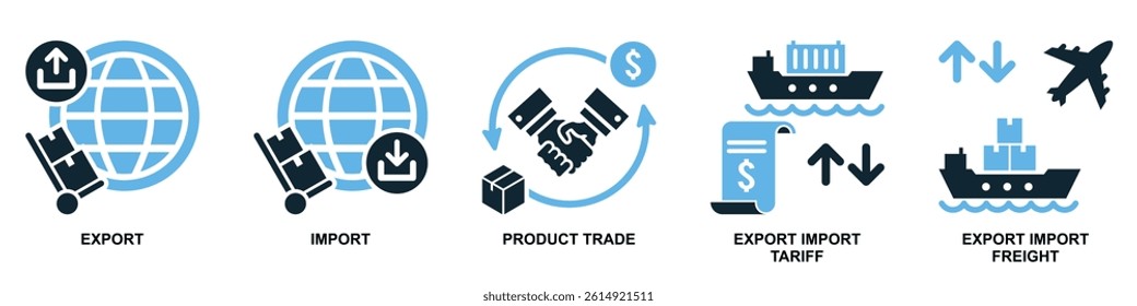 Set of export import icon vector for global trade, market flow, and business tools. Perfect for commerce design, economic operations, and financial illustration.