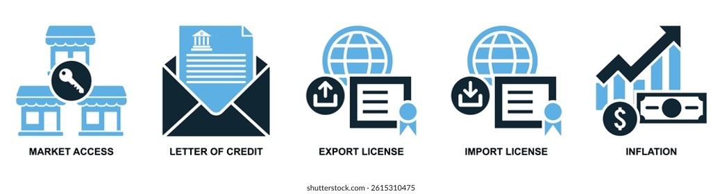 Set of export import icon vector for global trade, market flow, and business tools. Perfect for commerce design, economic operations, and financial illustration.